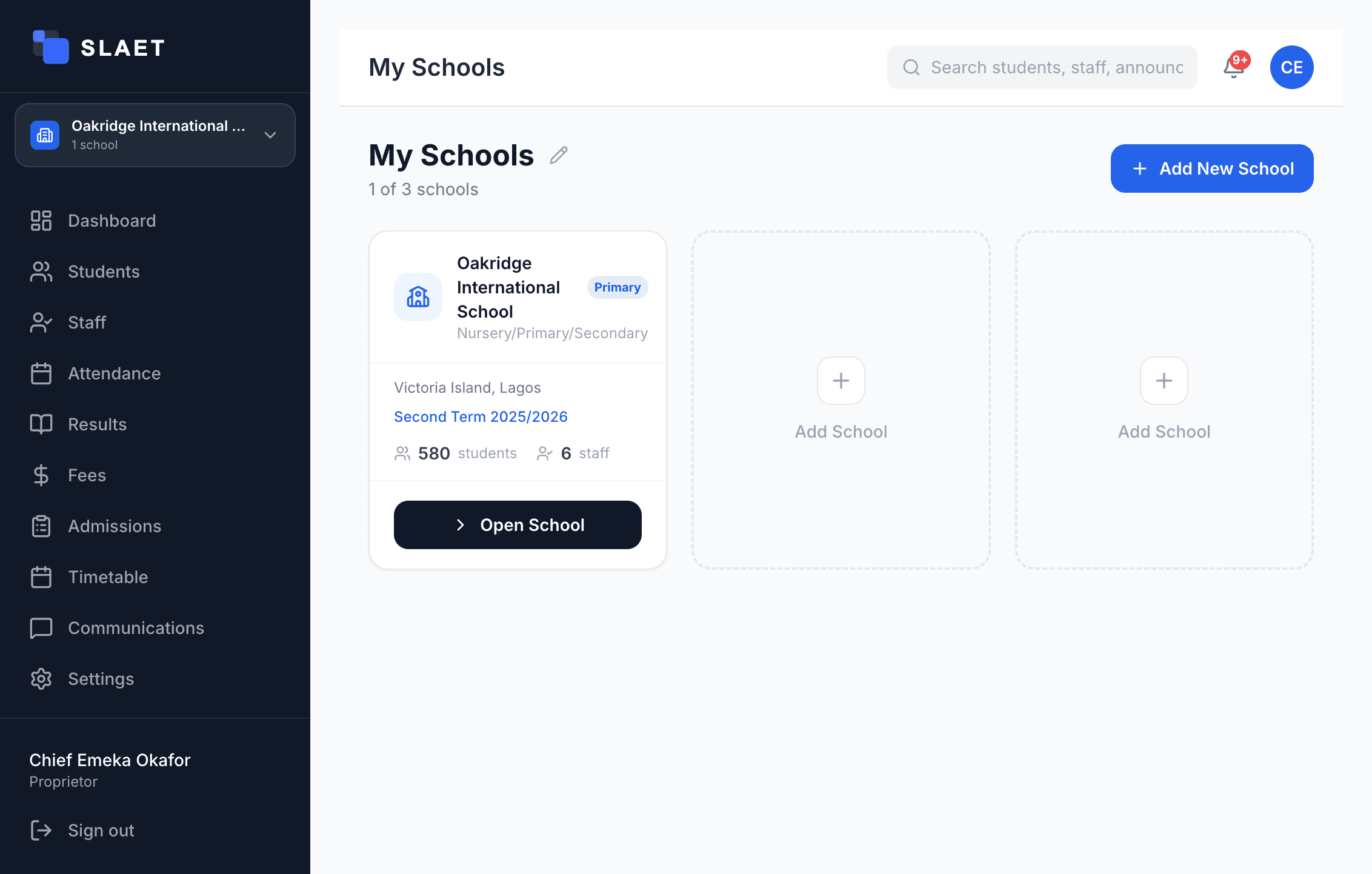 SLAET Campus proprietor dashboard showing multiple schools overview