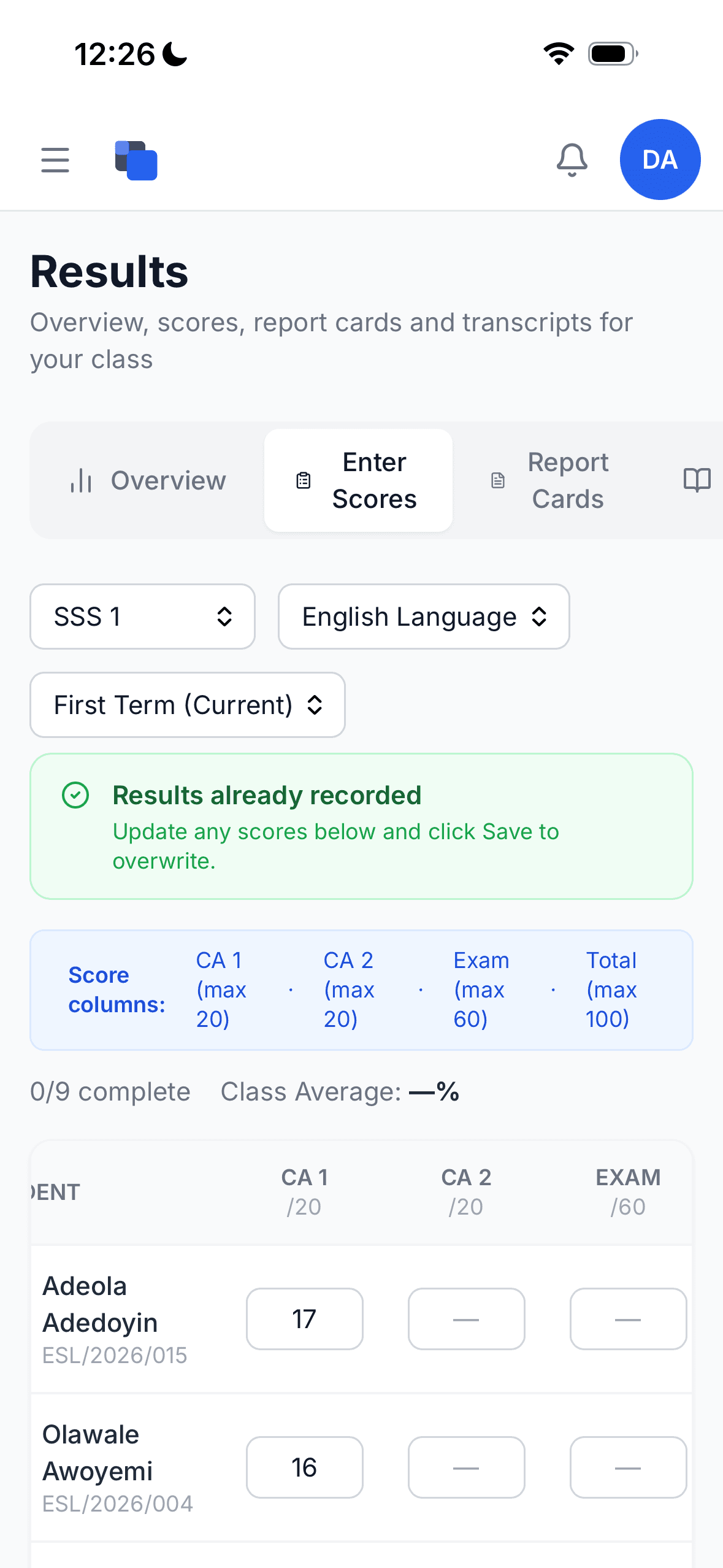 SLAET mobile: Subject teacher uploading scores
